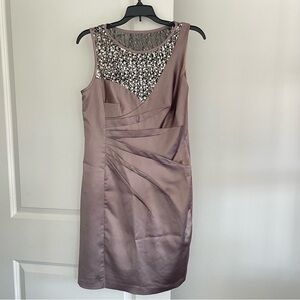 Donna Ricco Taupe Illusion Neck Sequin Ruched Semi Formal Dress Size 8